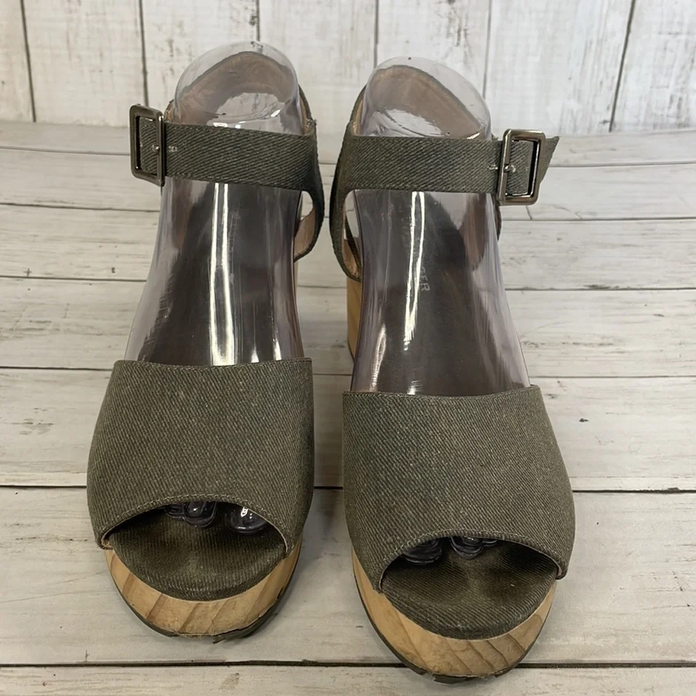 Kelsi Dagger Brooklyn Gray Denim Wooden Platform Heel Sandals